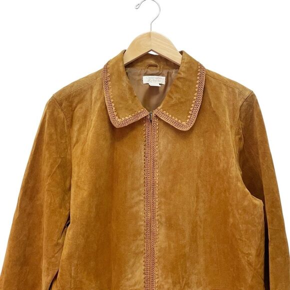 Christopher & Banks Cognac Suede Leather Jacket Size XL Zip Front Crochet Trim - Picture 6 of 14